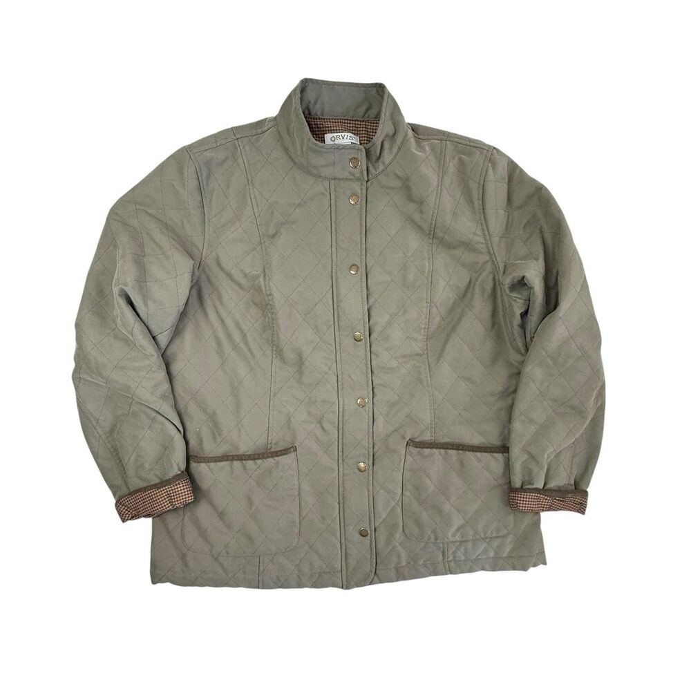 Orvis Quilted Chore Jacket Women XL Army Green Plaid Lining Snap Zip SPOT ON ARM